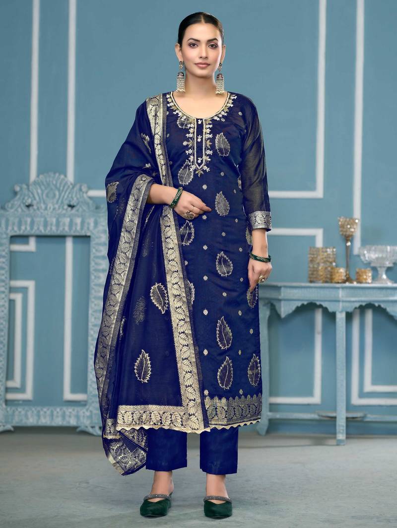 Navy-blue woven banarasi semi stitched churidar dress-materials