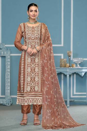 Orange embroidered organza semi stitched churidar dress-materials