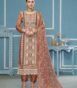 Orange embroidered organza semi stitched churidar dress-materials