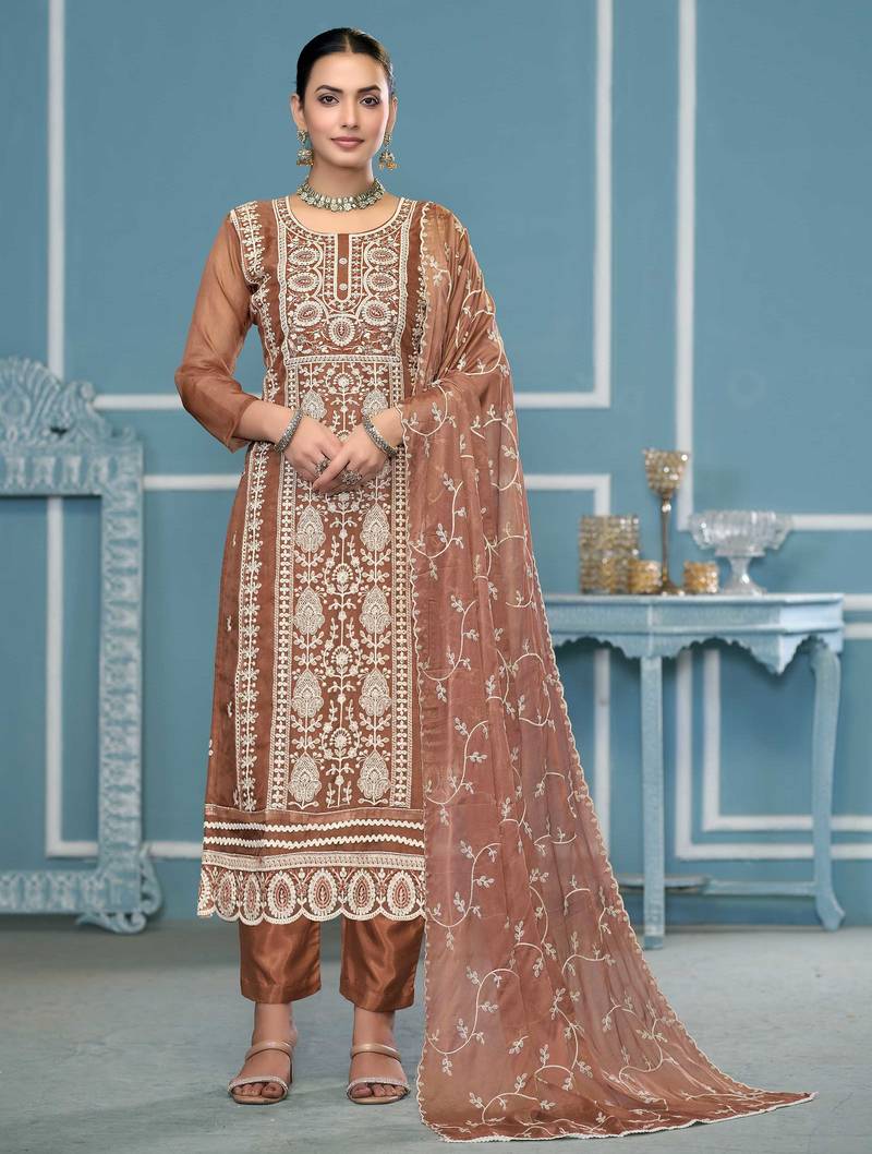 Orange embroidered organza semi stitched churidar dress-materials