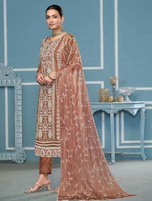 Orange embroidered organza churidar dress-materials 2