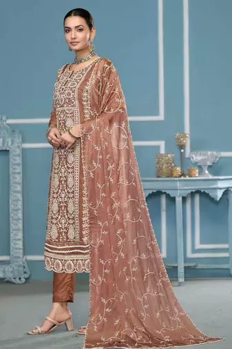 Orange embroidered organza churidar dress-materials