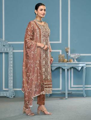 Orange embroidered organza churidar dress-materials 4