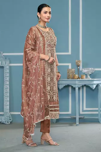 Orange embroidered organza churidar dress-materials