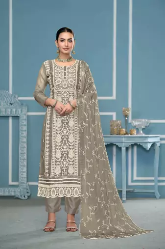 Light-grey embroidered organza semi stitched churidar dress-materials