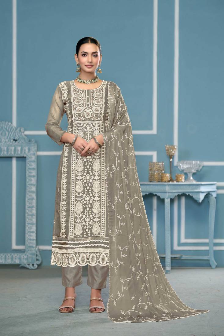 Light-grey embroidered organza semi stitched churidar dress-materials