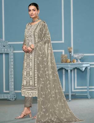 Light-grey embroidered organza churidar dress-materials 2