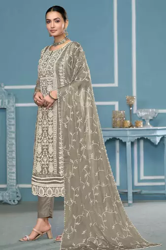 Light-grey embroidered organza churidar dress-materials