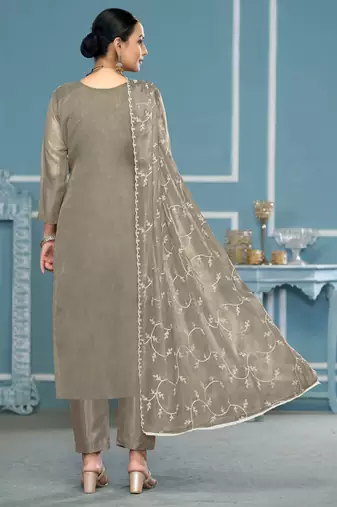 Light-grey embroidered organza churidar dress-materials