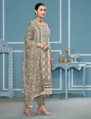 Light-grey embroidered organza churidar dress-materials 4