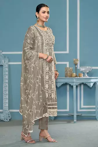 Light-grey embroidered organza churidar dress-materials