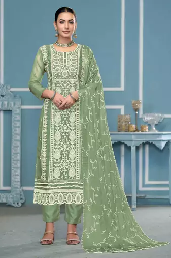 Green embroidered organza semi stitched churidar dress-materials