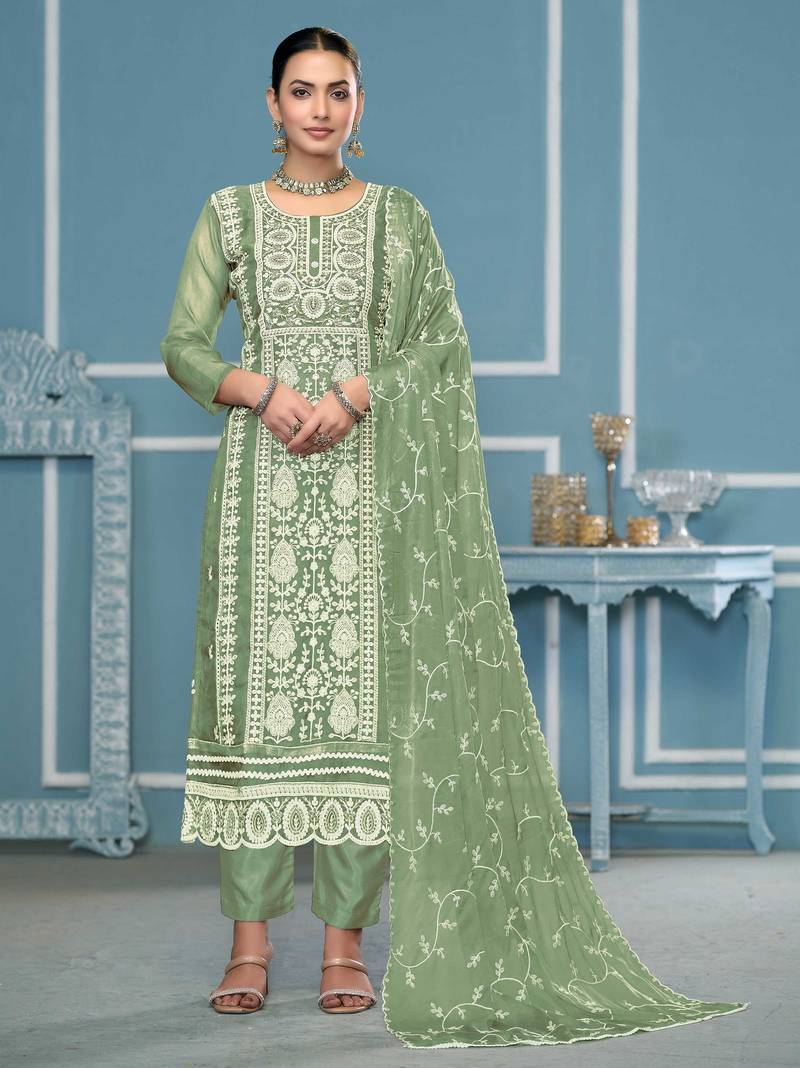 Green embroidered organza semi stitched churidar dress-materials