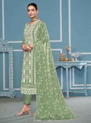 Green embroidered organza churidar dress-materials 2