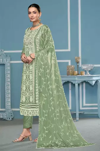 Green embroidered organza churidar dress-materials