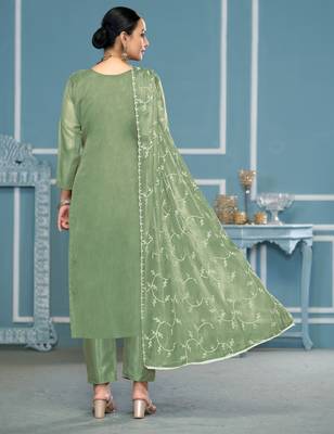 Green embroidered organza churidar dress-materials 3