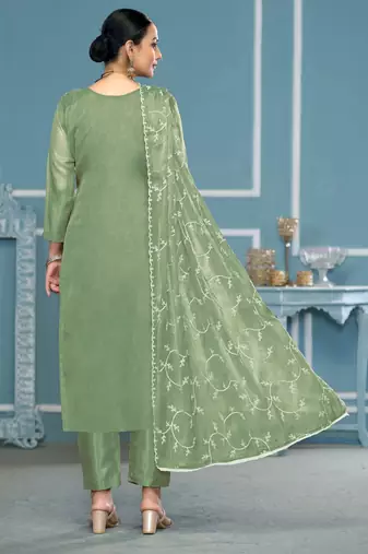 Green embroidered organza churidar dress-materials