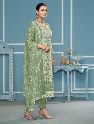 Green embroidered organza churidar dress-materials 4