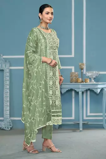Green embroidered organza churidar dress-materials