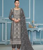Dark-grey embroidered organza semi stitched churidar dress-materials