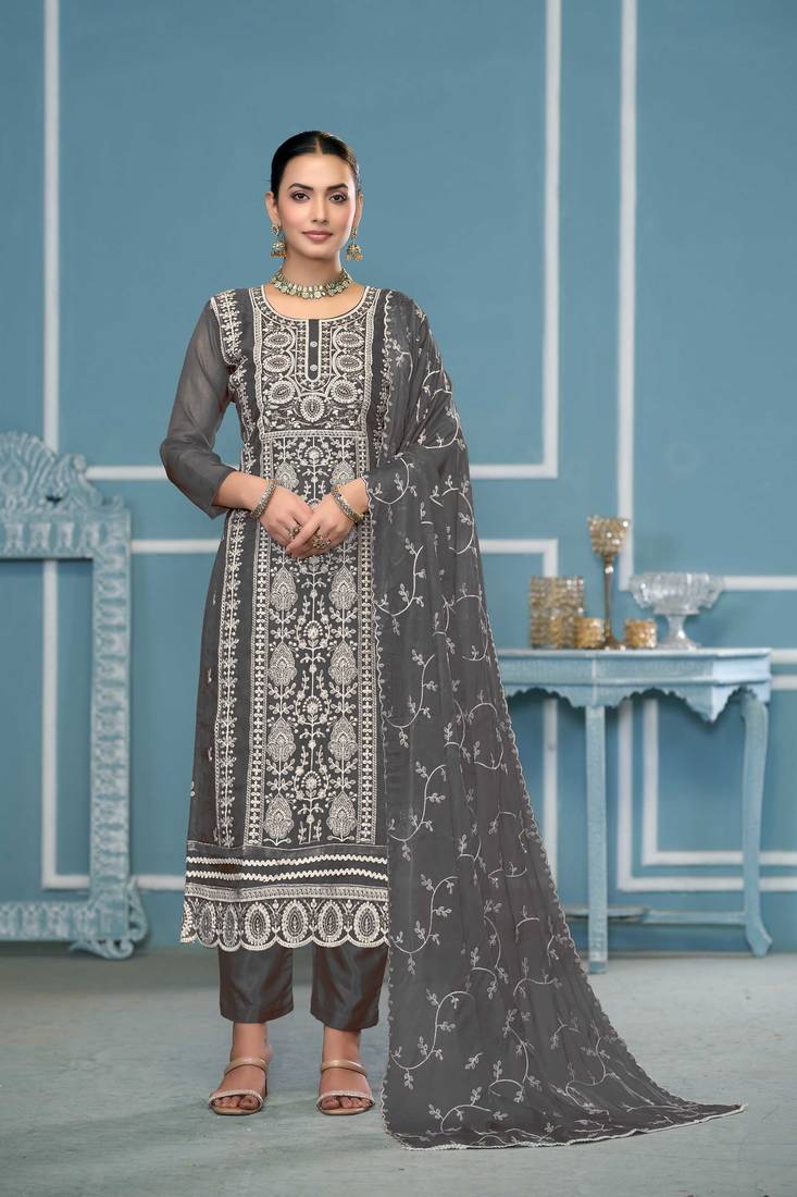 Dark-grey embroidered organza semi stitched churidar dress-materials