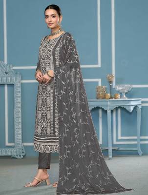Dark-grey embroidered organza churidar dress-materials 2