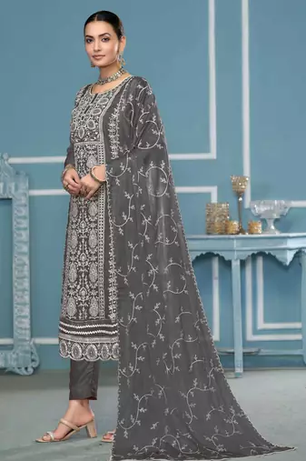 Dark-grey embroidered organza churidar dress-materials