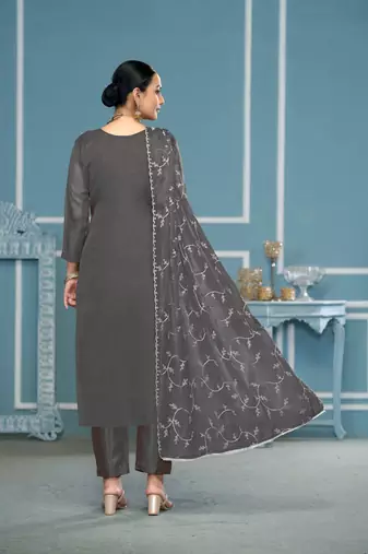 Dark-grey embroidered organza churidar dress-materials