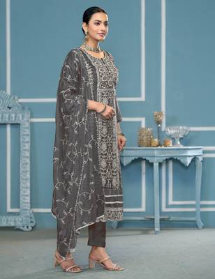 Dark-grey embroidered organza churidar dress-materials 4