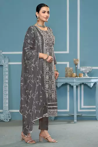 Dark-grey embroidered organza churidar dress-materials