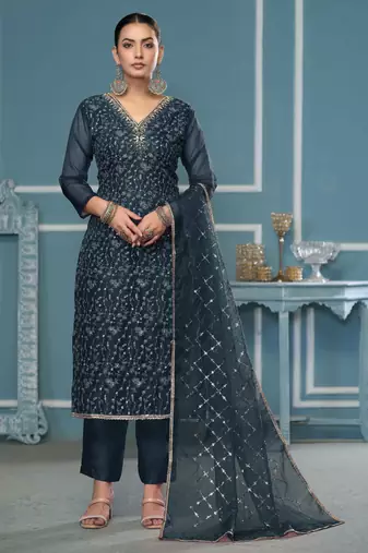 Teal-blue sequins organza semi stitched churidar dress-materials