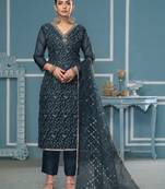 Teal-blue sequins organza semi stitched churidar dress-materials