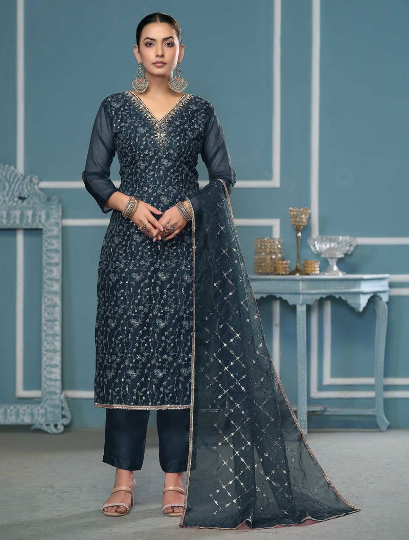 Teal-blue sequins organza semi stitched churidar dress-materials