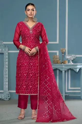 Maroon sequins organza semi stitched churidar dress-materials