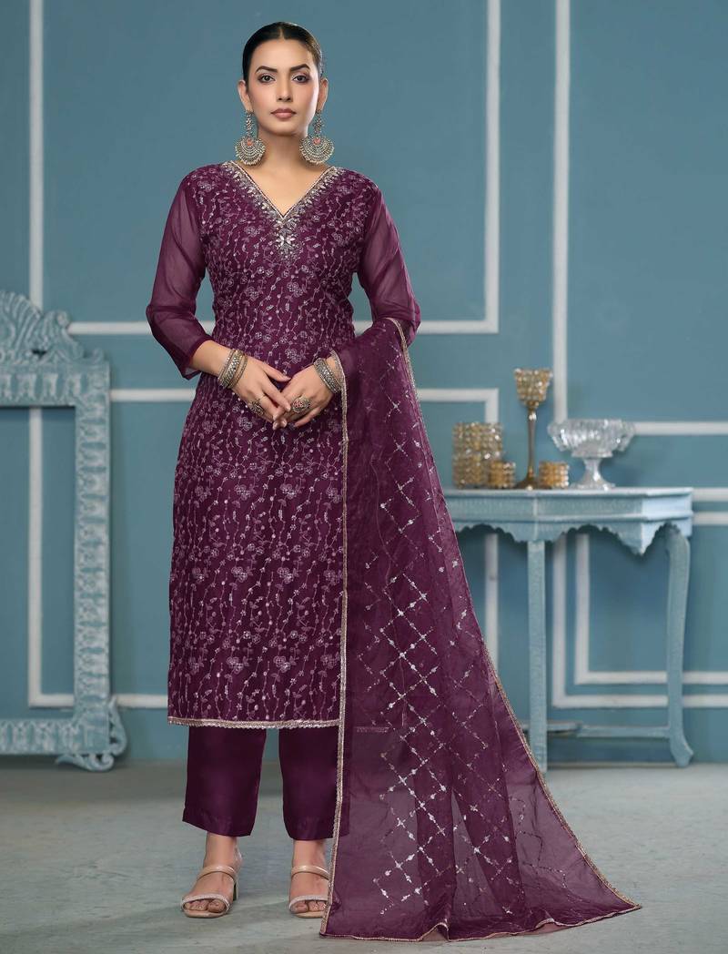 Blue sequins organza semi stitched churidar dress-materials