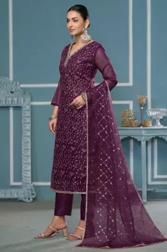 Blue sequins organza churidar dress-materials