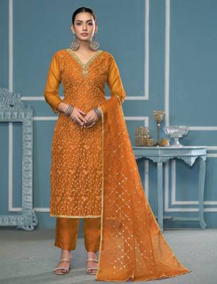 Yellow sequins organza churidar dress-materials 1