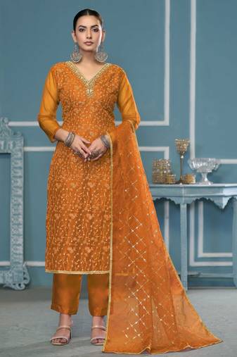 Yellow sequins organza semi stitched churidar dress-materials