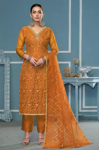 Yellow sequins organza semi stitched churidar dress-materials