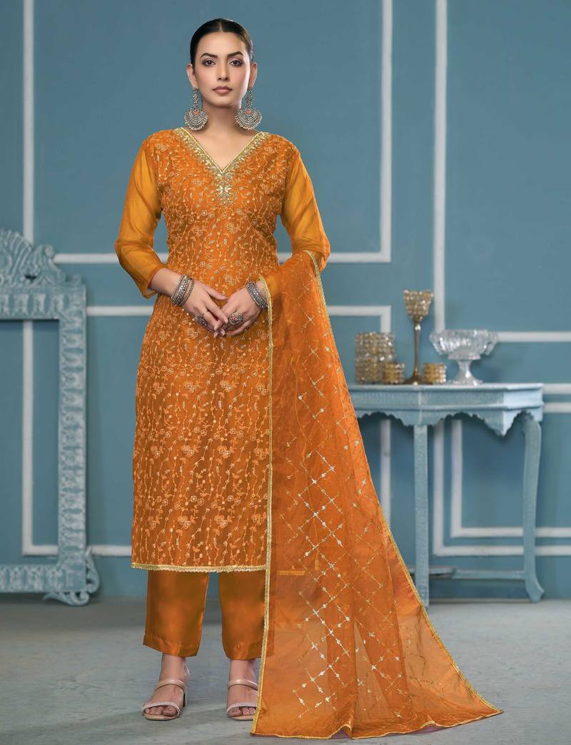 Yellow sequins organza semi stitched churidar dress-materials