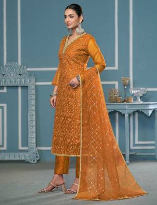Yellow sequins organza churidar dress-materials 2