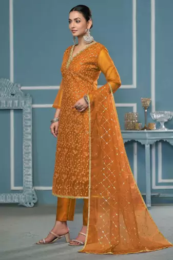 Yellow sequins organza churidar dress-materials