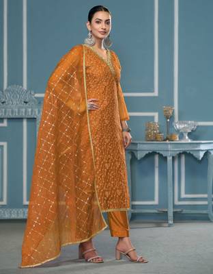 Yellow sequins organza churidar dress-materials 4