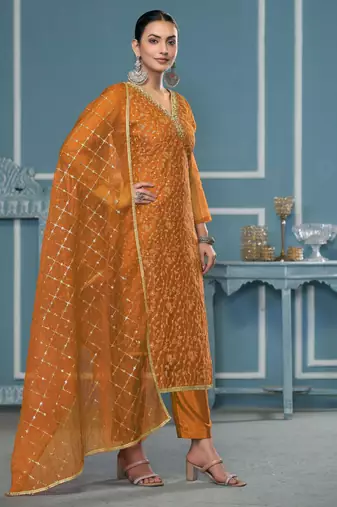 Yellow sequins organza churidar dress-materials