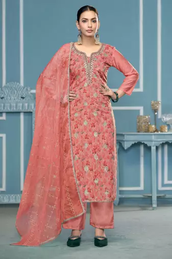 Peach hand embroidery organza semi stitched churidar dress-materials