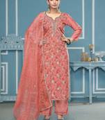 Peach hand embroidery organza semi stitched churidar dress-materials