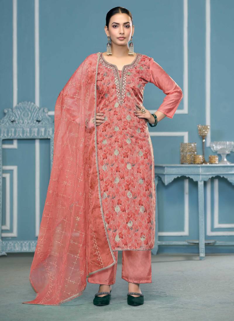 Peach hand embroidery organza semi stitched churidar dress-materials