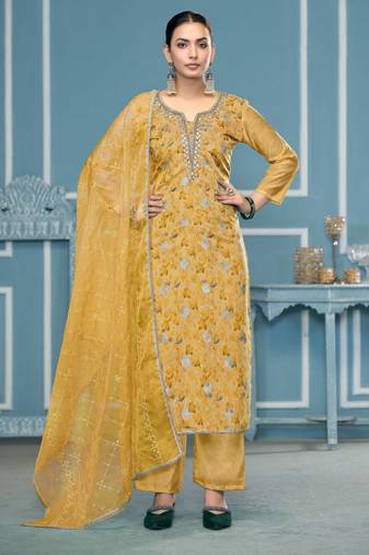 Yellow hand embroidery organza semi stitched churidar dress-materials