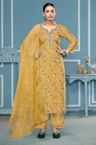 Yellow hand embroidery organza semi stitched churidar dress-materials