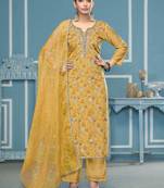 Yellow hand embroidery organza semi stitched churidar dress-materials